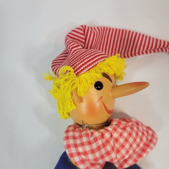 Vintage Pinocchio Puppet Hand Painted Wooden Face Yellow Hair Fabric Body - Picture 7 of 10